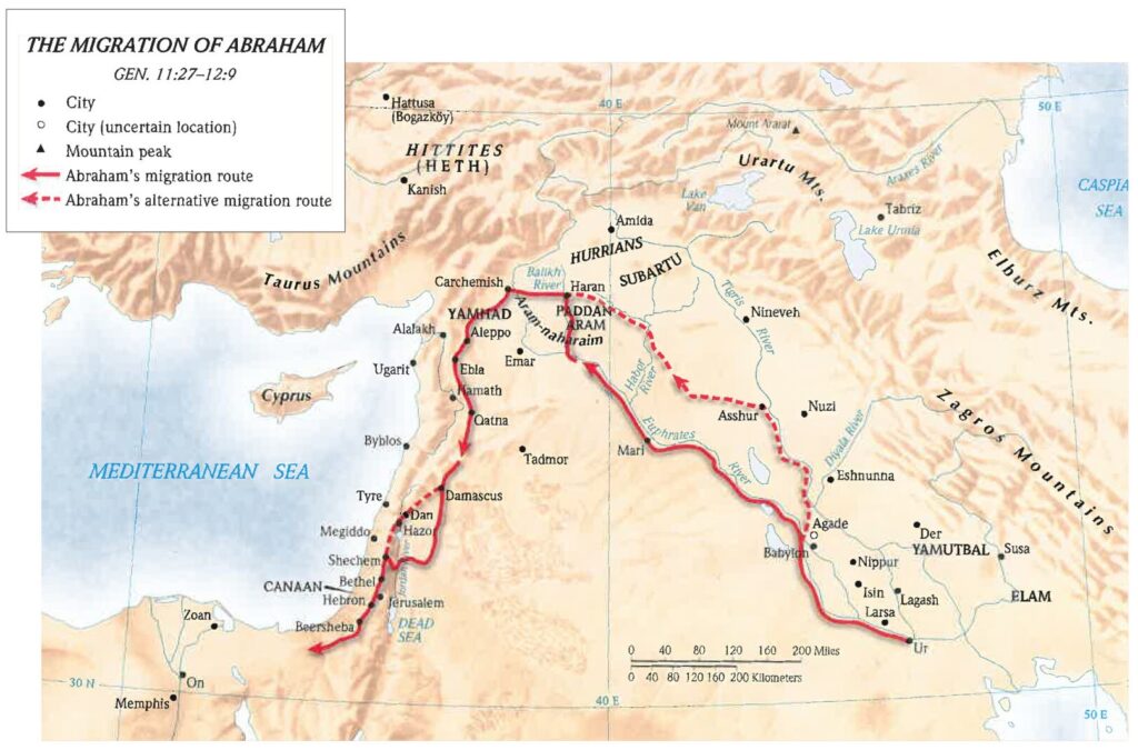 This map show the migration paths of Abraham and his sons from the Caucasus regions South.  